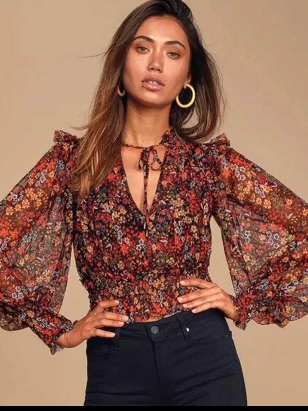 FREE PEOPLE Twyla Cropped Floral Top Sheer Mesh Ruffle Smocked S